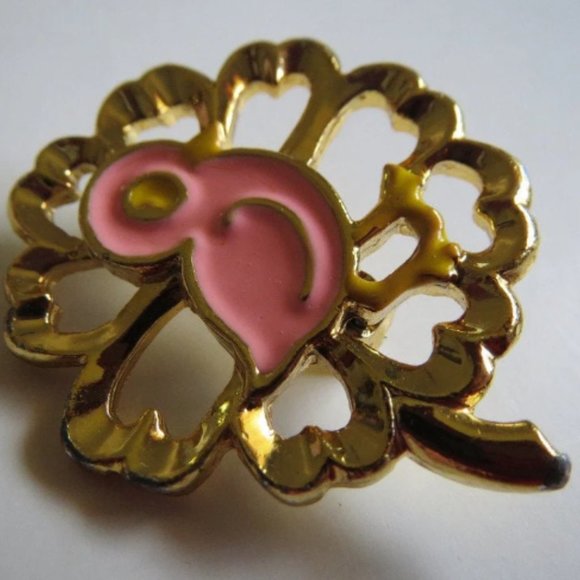 1960s Big Eyed Enameled Pink Chick & Gold Clover Flower Easter Brooch Pin - Picture 3 of 4